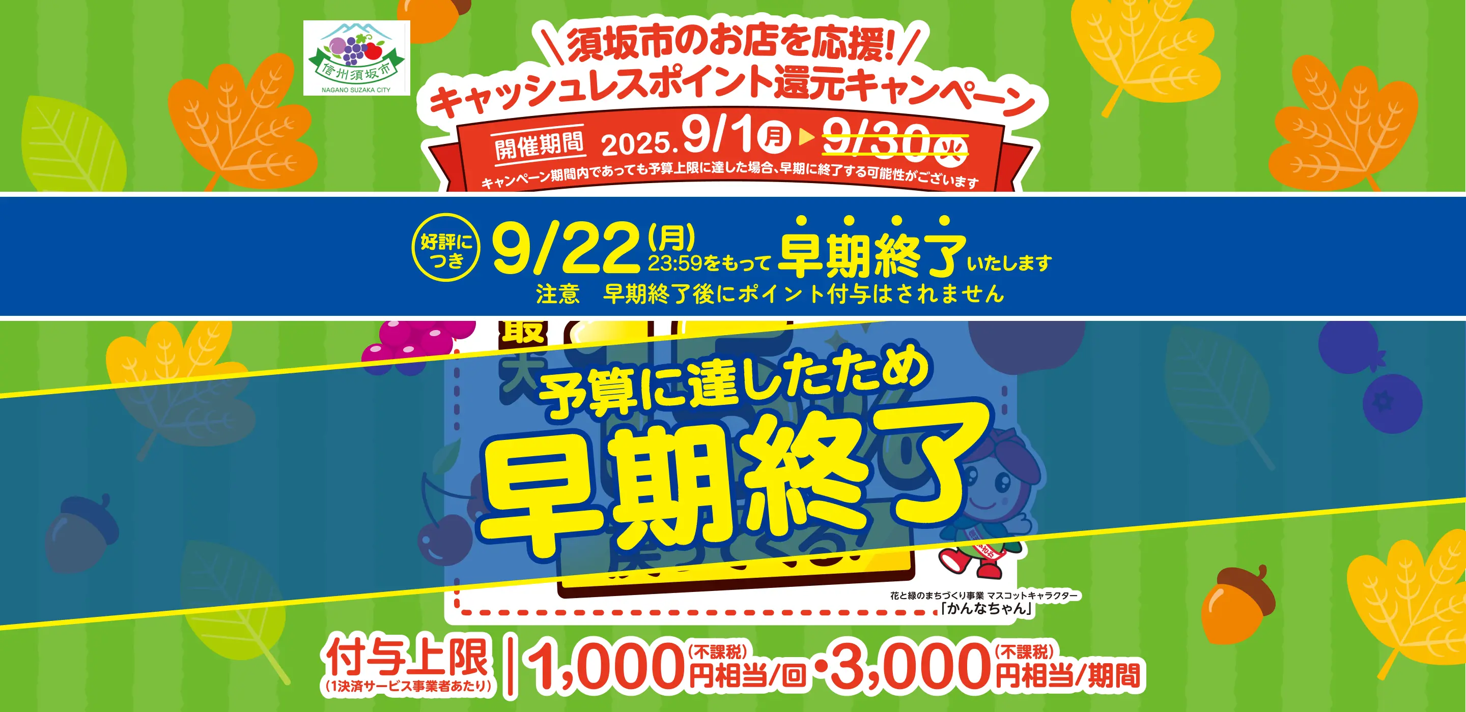 須坂市のお店を応援！キャッシュレスポイント還元キャンペーン 開催期間 2025.9/1(月)〜9/22(月)キャンペーン期間内であっても予算上限に達した場合、早期に終了する可能性がございます。AEON Pay・PayPay・d払い・au Pay（コード支払い）のいずれかを対象店舗で利用すると最大15%戻ってくる！ 花と緑のまちづくり事業 マスコットキャラクター「かんなちゃん