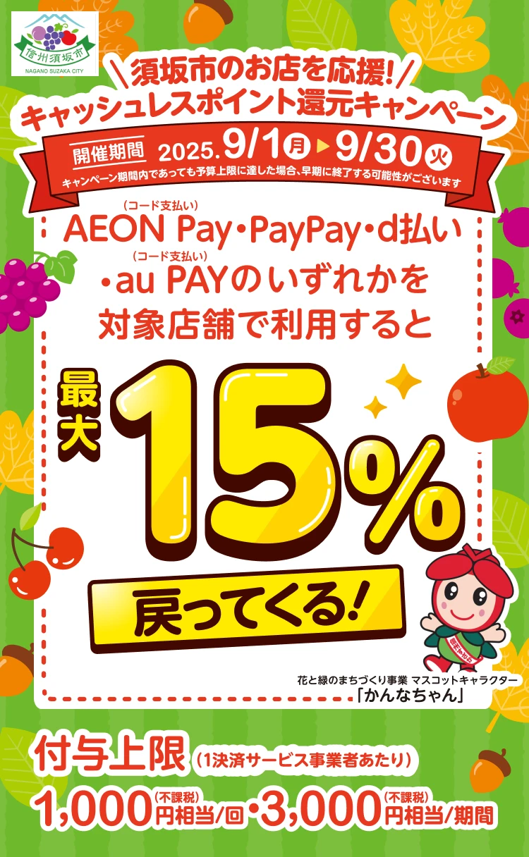 須坂市のお店を応援！キャッシュレスポイント還元キャンペーン 開催期間 2025.9/1(月)〜9/30(火)キャンペーン期間内であっても予算上限に達した場合、早期に終了する可能性がございます。AEON Pay・PayPay・d払い・au Pay（コード支払い）のいずれかを対象店舗で利用すると最大15%戻ってくる！ 花と緑のまちづくり事業 マスコットキャラクター「かんなちゃん